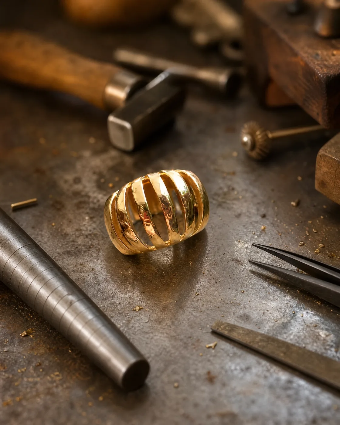 Anel dourado com acabamento diamantado em detalhe sobre a bancada do ourives