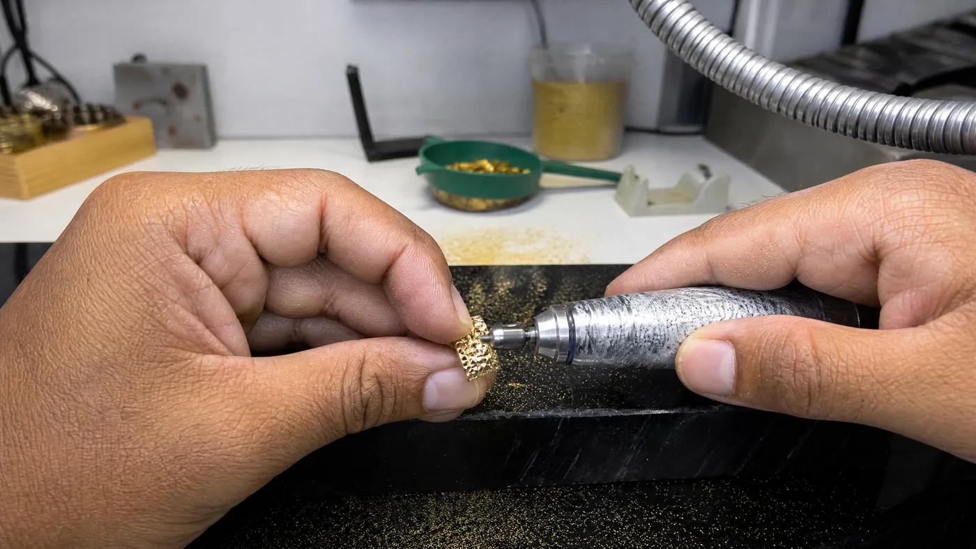 Ourives aplicando o acabamento diamantado em uma peça sobre a bancada