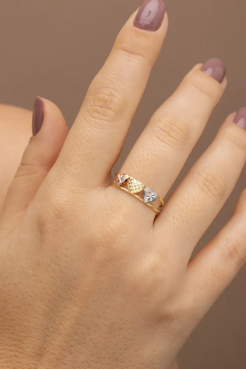 Anel Três Corações Diamantados — semijoia bruta diamantados da Santana Brutos, atacado para lojistas